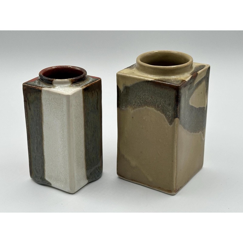Artist Signed Mid-Century Modernist Stoneware Vase Set Red Tan Studio Pottery
